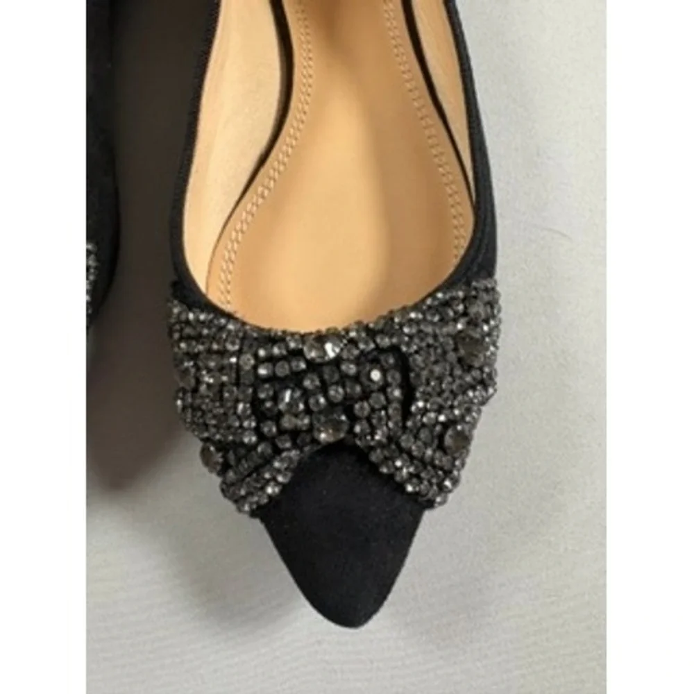 Tory Burch Black Suede Crystal Bow Vanessa Pointed Toe Ballet Flats Shoes 5.5